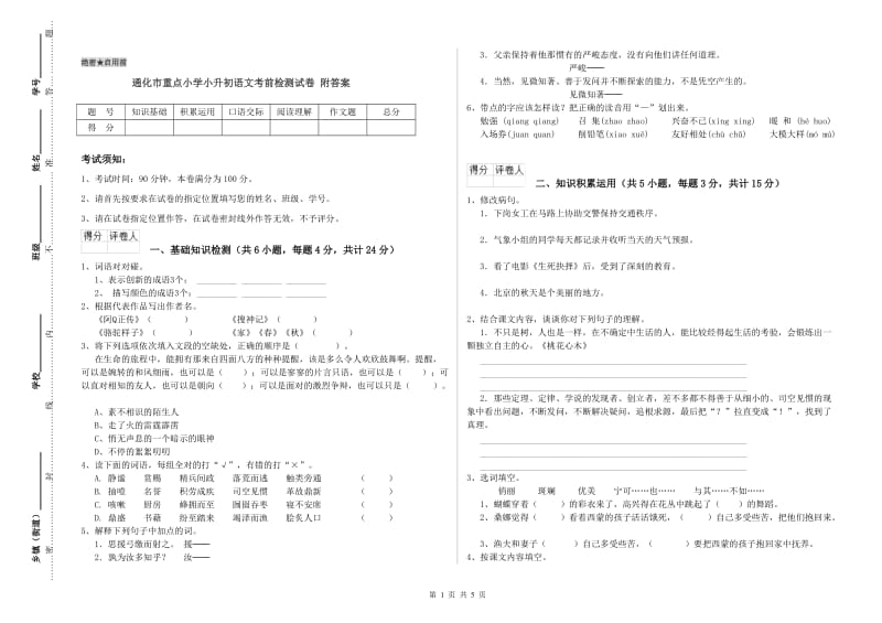 通化市重点小学小升初语文考前检测试卷 附答案.doc_第1页