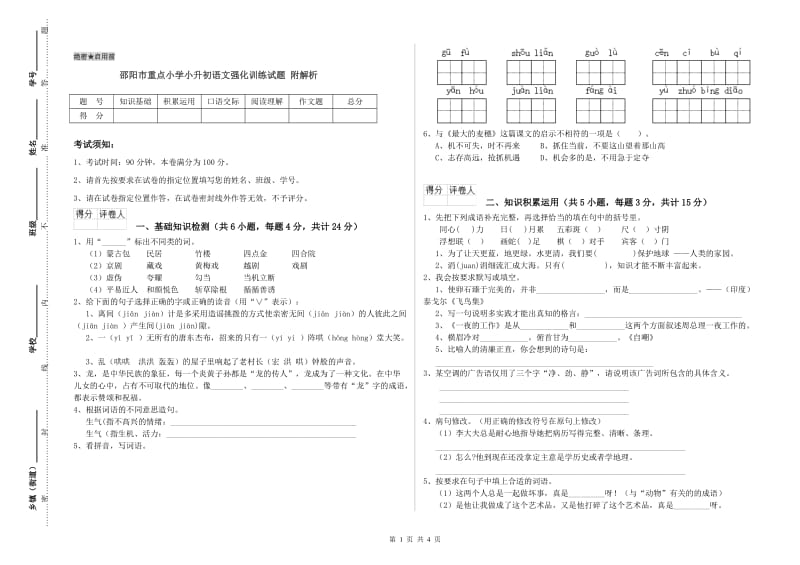 邵阳市重点小学小升初语文强化训练试题 附解析.doc_第1页