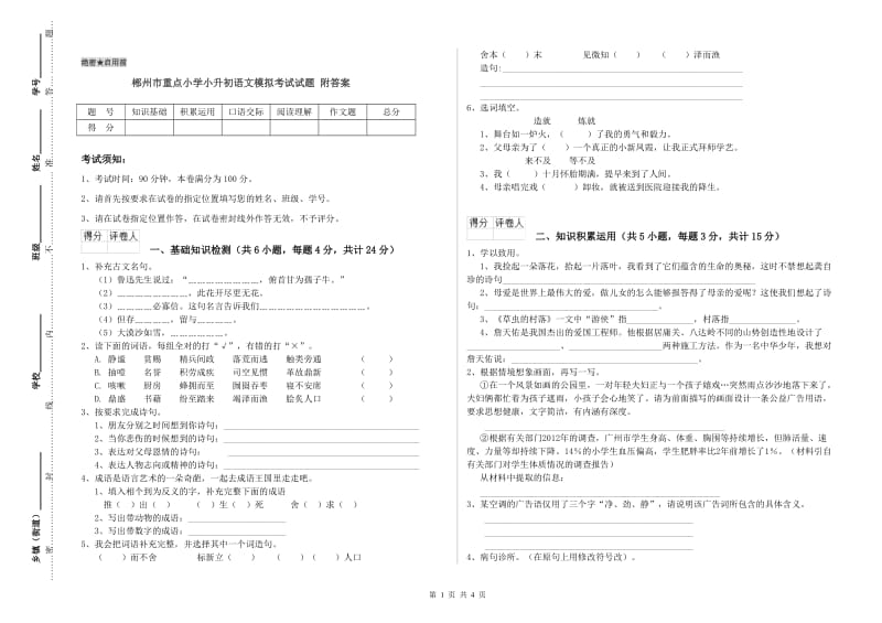 郴州市重点小学小升初语文模拟考试试题 附答案.doc_第1页