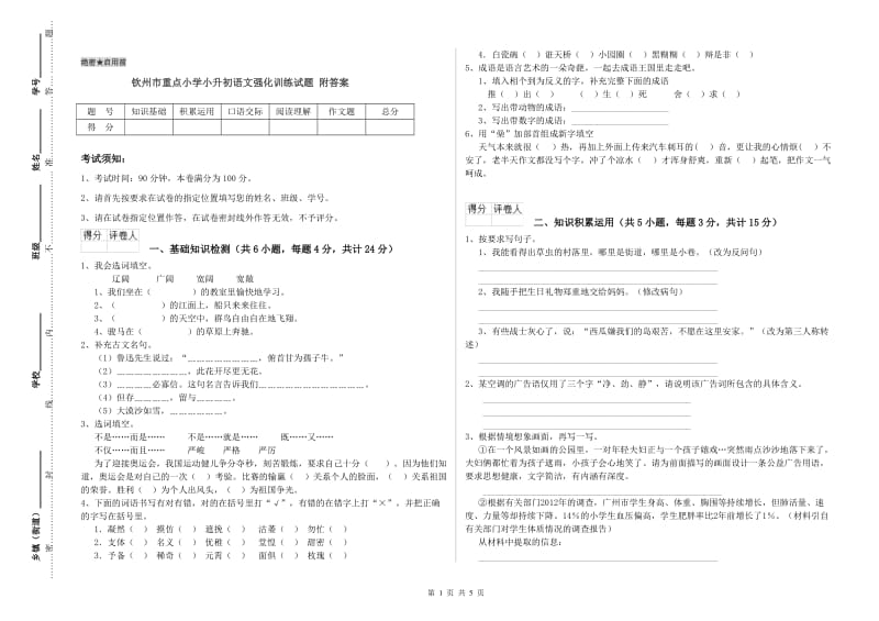 钦州市重点小学小升初语文强化训练试题 附答案.doc_第1页