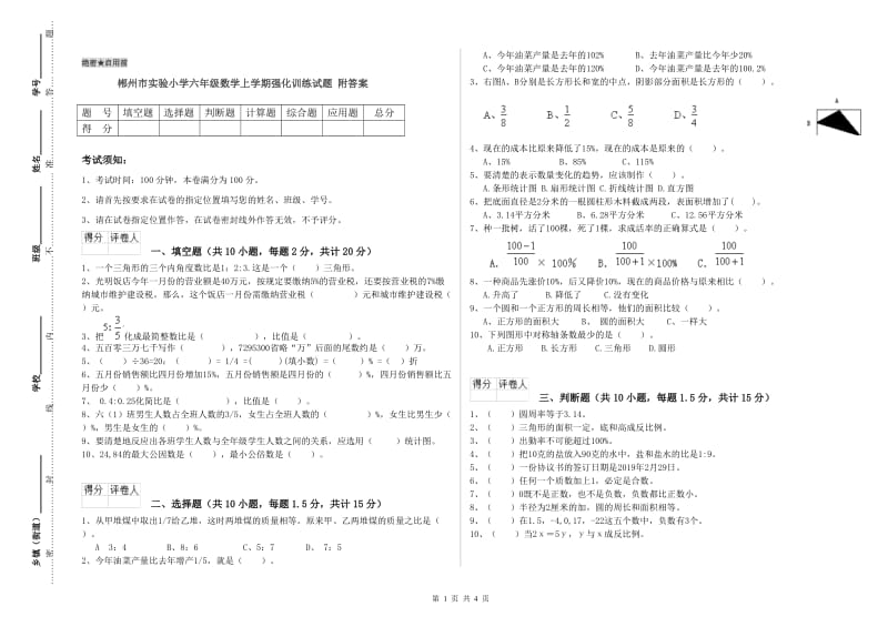 郴州市实验小学六年级数学上学期强化训练试题 附答案.doc_第1页