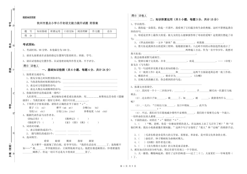 钦州市重点小学小升初语文能力提升试题 附答案.doc_第1页