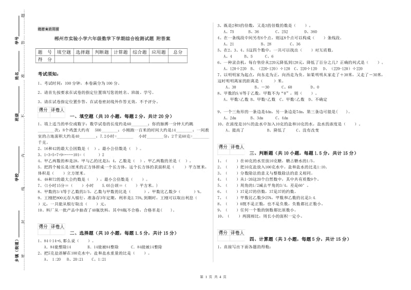 郴州市实验小学六年级数学下学期综合检测试题 附答案.doc_第1页