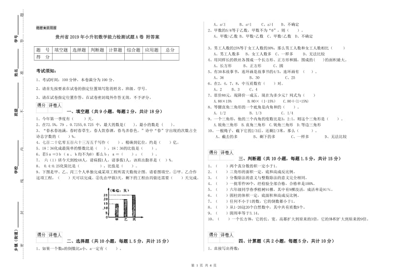 贵州省2019年小升初数学能力检测试题A卷 附答案.doc_第1页