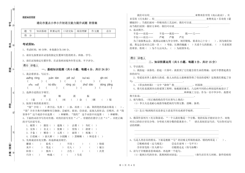 通化市重点小学小升初语文能力提升试题 附答案.doc_第1页