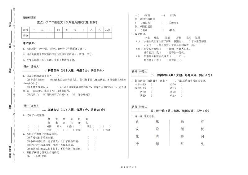 重点小学二年级语文下学期能力测试试题 附解析.doc_第1页