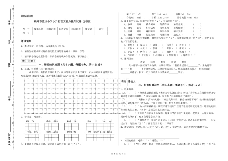 铁岭市重点小学小升初语文能力提升试卷 含答案.doc_第1页