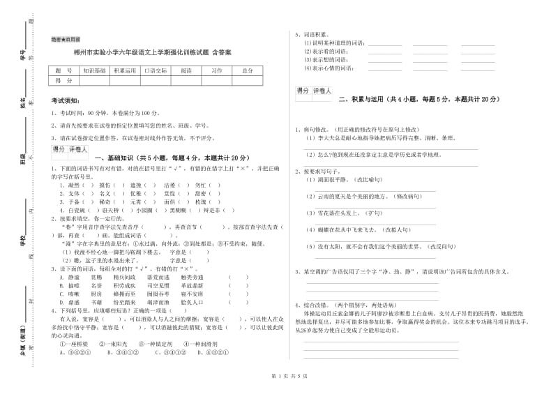 郴州市实验小学六年级语文上学期强化训练试题 含答案.doc_第1页