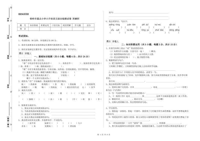 铁岭市重点小学小升初语文综合检测试卷 附解析.doc_第1页