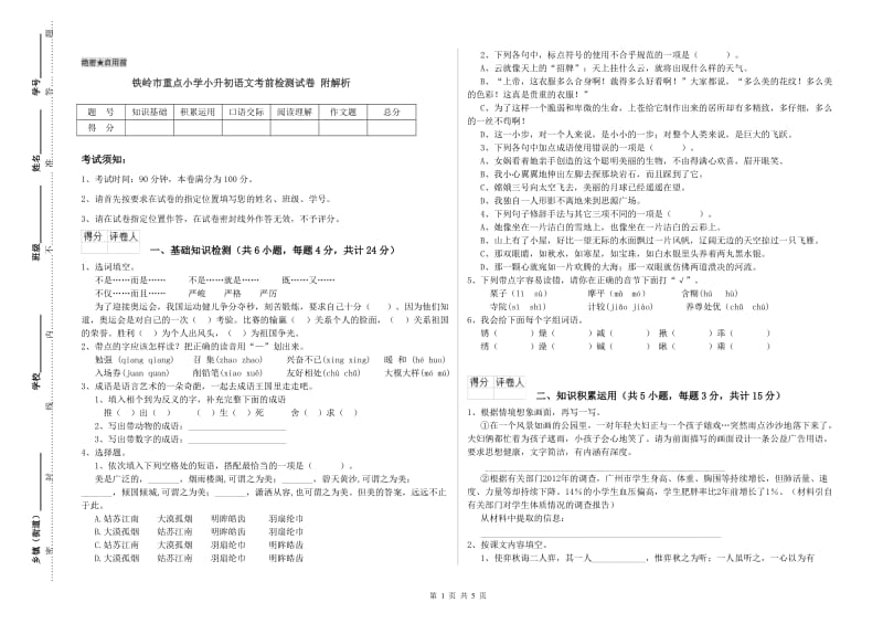 铁岭市重点小学小升初语文考前检测试卷 附解析.doc_第1页