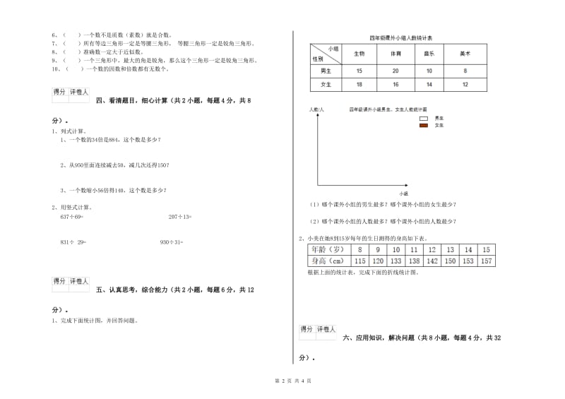 贵州省2020年四年级数学【下册】期中考试试卷 附答案.doc_第2页