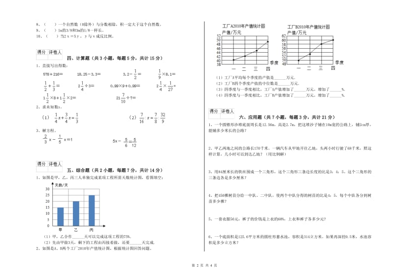 蚌埠市实验小学六年级数学【下册】自我检测试题 附答案.doc_第2页