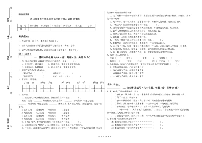 通化市重点小学小升初语文综合练习试题 附解析.doc_第1页