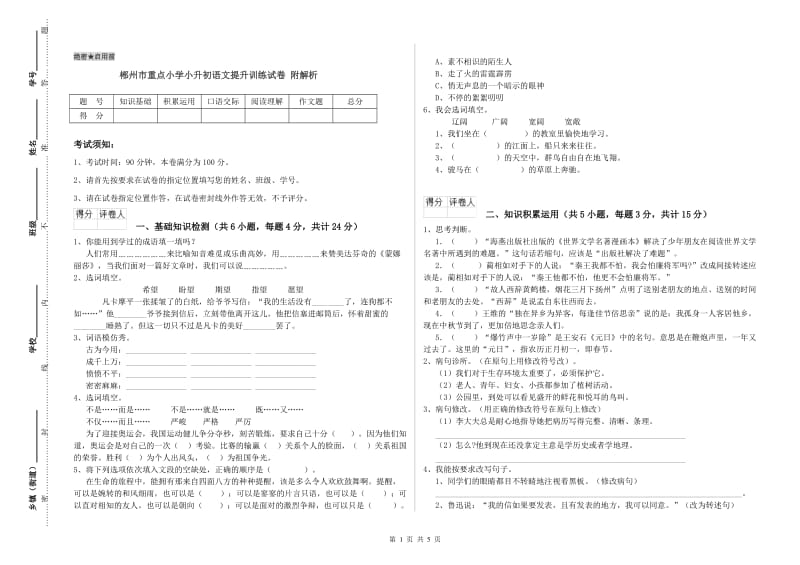 郴州市重点小学小升初语文提升训练试卷 附解析.doc_第1页