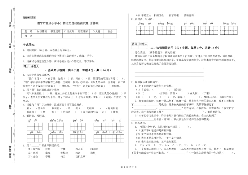 遂宁市重点小学小升初语文自我检测试题 含答案.doc_第1页