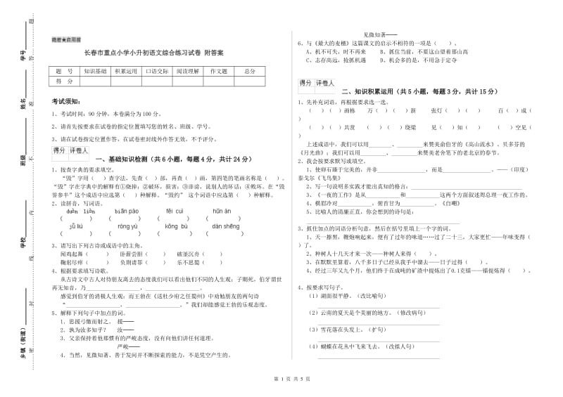 长春市重点小学小升初语文综合练习试卷 附答案.doc_第1页