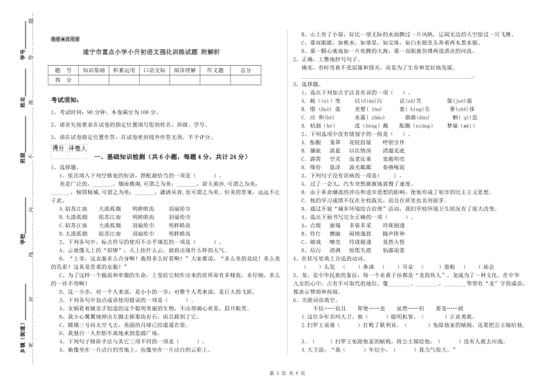 遂宁市重点小学小升初语文强化训练试题 附解析.doc_第1页