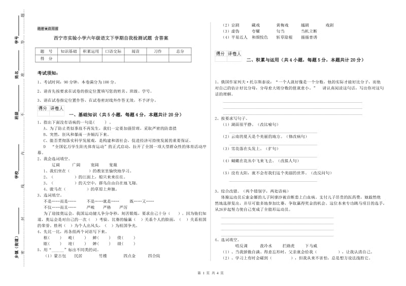 西宁市实验小学六年级语文下学期自我检测试题 含答案.doc_第1页