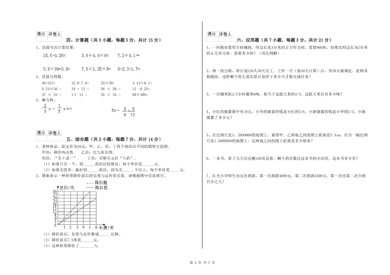 长春版六年级数学【上册】开学考试试卷B卷 附答案.doc_第2页