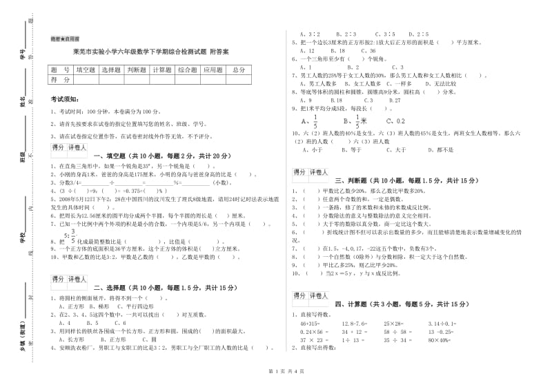 莱芜市实验小学六年级数学下学期综合检测试题 附答案.doc_第1页