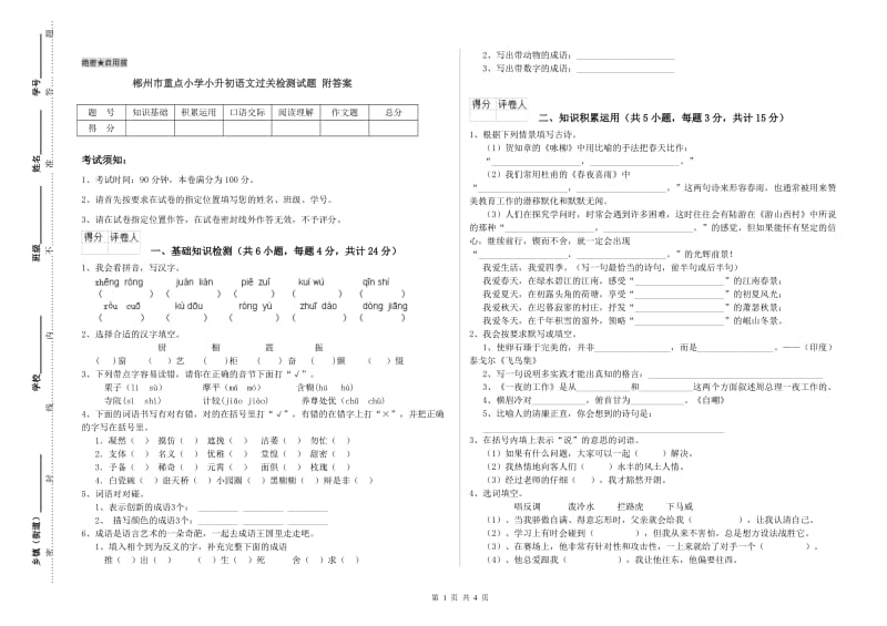 郴州市重点小学小升初语文过关检测试题 附答案.doc_第1页