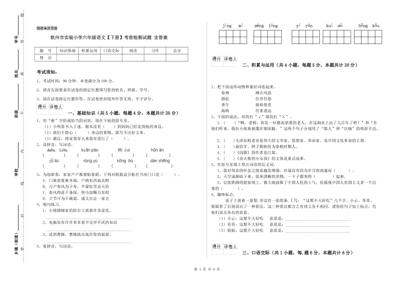 钦州市实验小学六年级语文【下册】考前检测试题 含答案.doc_第1页