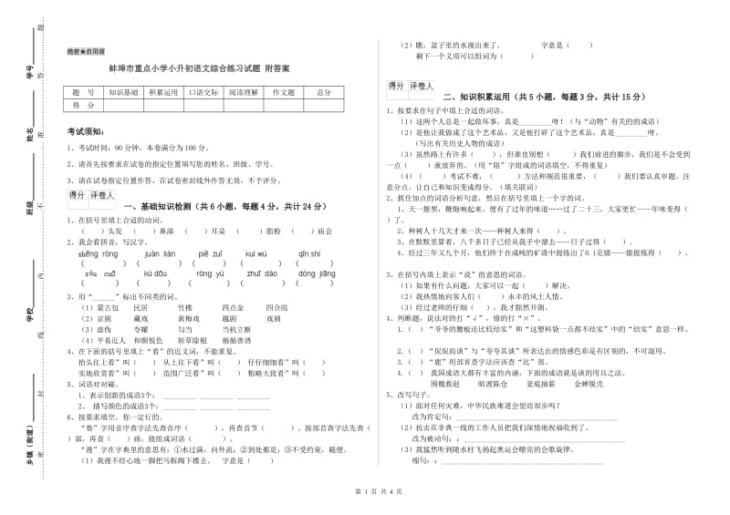 蚌埠市重点小学小升初语文综合练习试题 附答案.doc_第1页