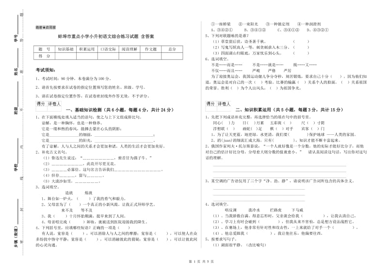 蚌埠市重点小学小升初语文综合练习试题 含答案.doc_第1页