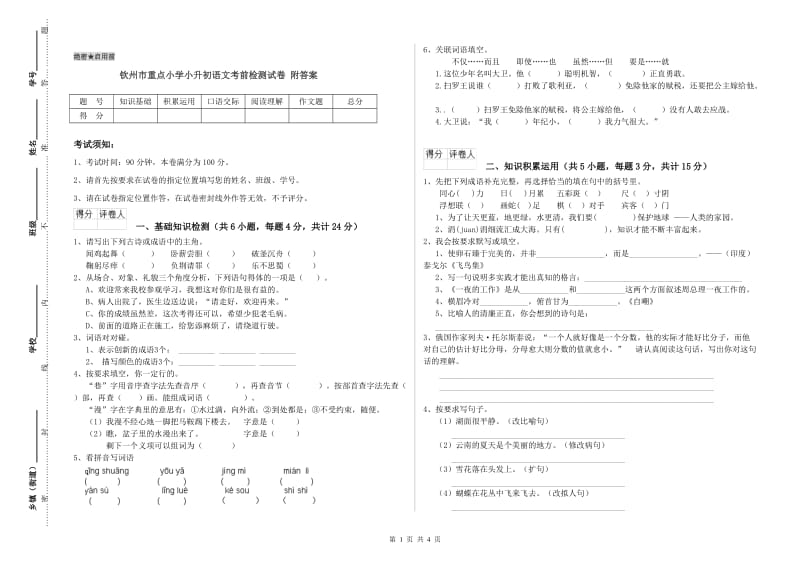 钦州市重点小学小升初语文考前检测试卷 附答案.doc_第1页