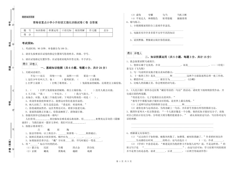 青海省重点小学小升初语文强化训练试卷C卷 含答案.doc_第1页