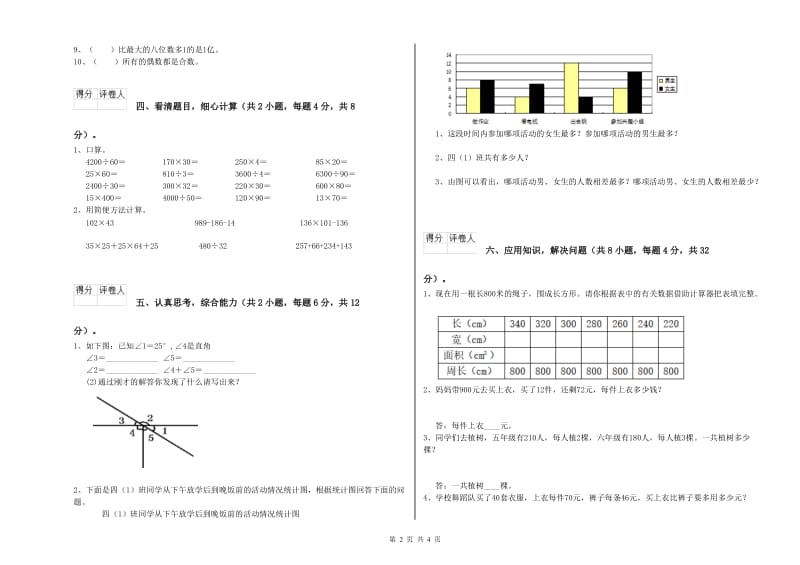 陕西省重点小学四年级数学【下册】自我检测试题 附答案.doc_第2页