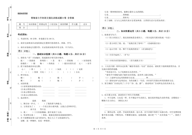 青海省小升初语文强化训练试题B卷 含答案.doc_第1页