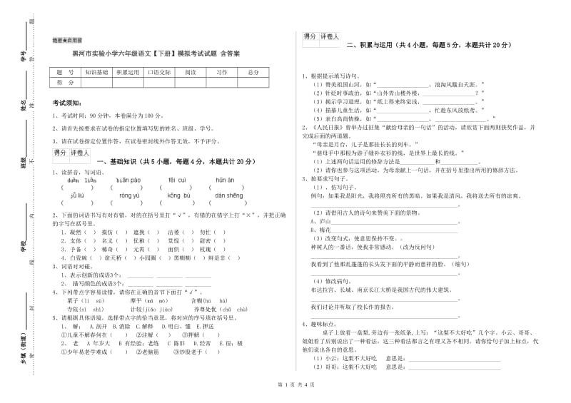 黑河市实验小学六年级语文【下册】模拟考试试题 含答案.doc_第1页