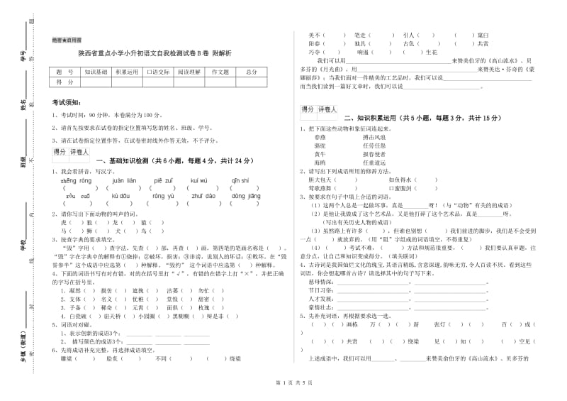 陕西省重点小学小升初语文自我检测试卷B卷 附解析.doc_第1页