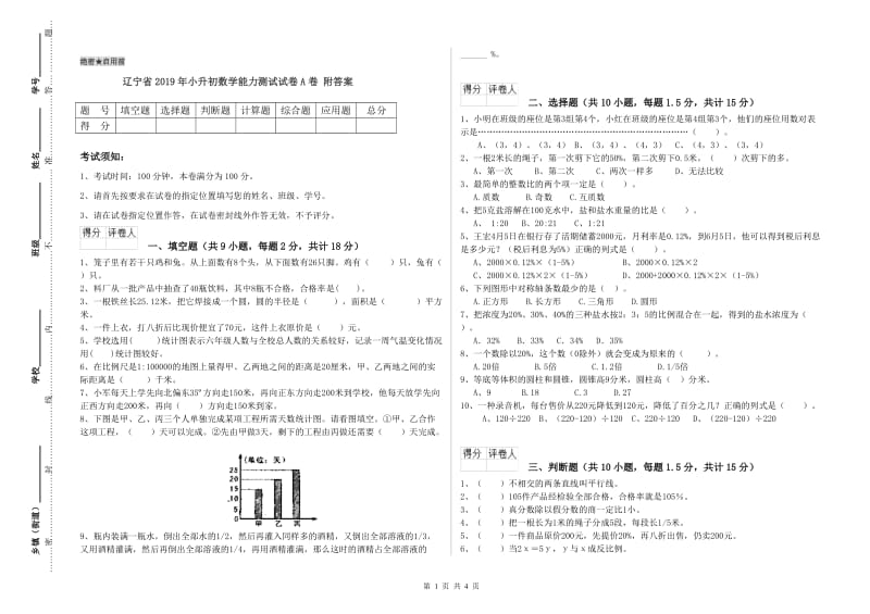 辽宁省2019年小升初数学能力测试试卷A卷 附答案.doc_第1页