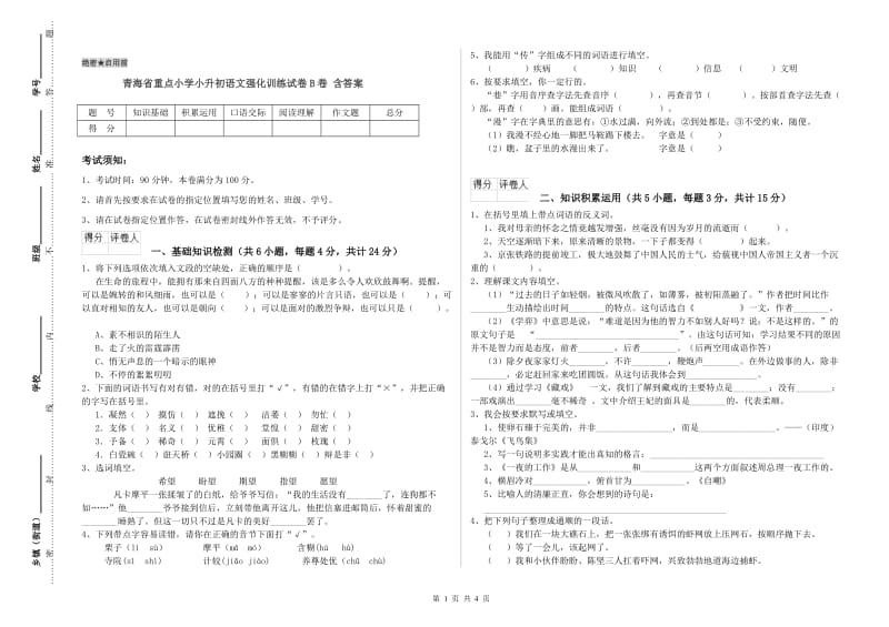 青海省重点小学小升初语文强化训练试卷B卷 含答案.doc_第1页