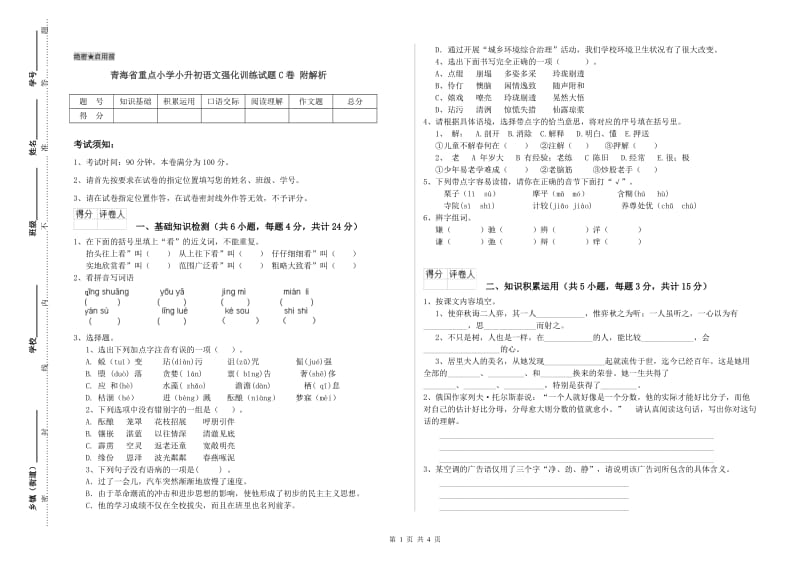 青海省重点小学小升初语文强化训练试题C卷 附解析.doc_第1页