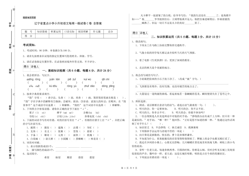 辽宁省重点小学小升初语文每周一练试卷C卷 含答案.doc_第1页