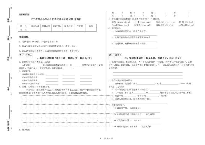 辽宁省重点小学小升初语文强化训练试题 附解析.doc_第1页