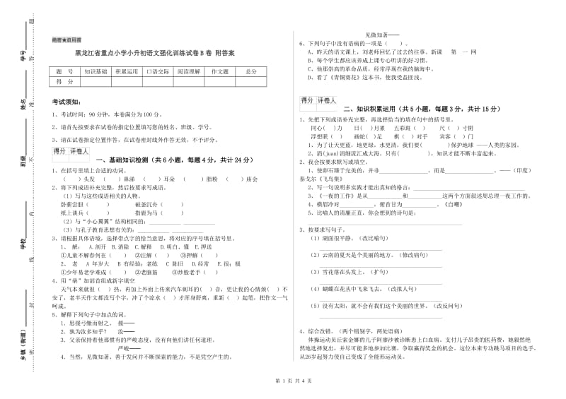 黑龙江省重点小学小升初语文强化训练试卷B卷 附答案.doc_第1页