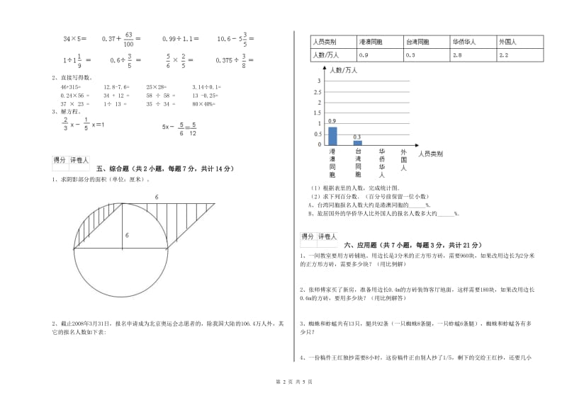 鸡西市实验小学六年级数学【下册】开学考试试题 附答案.doc_第2页