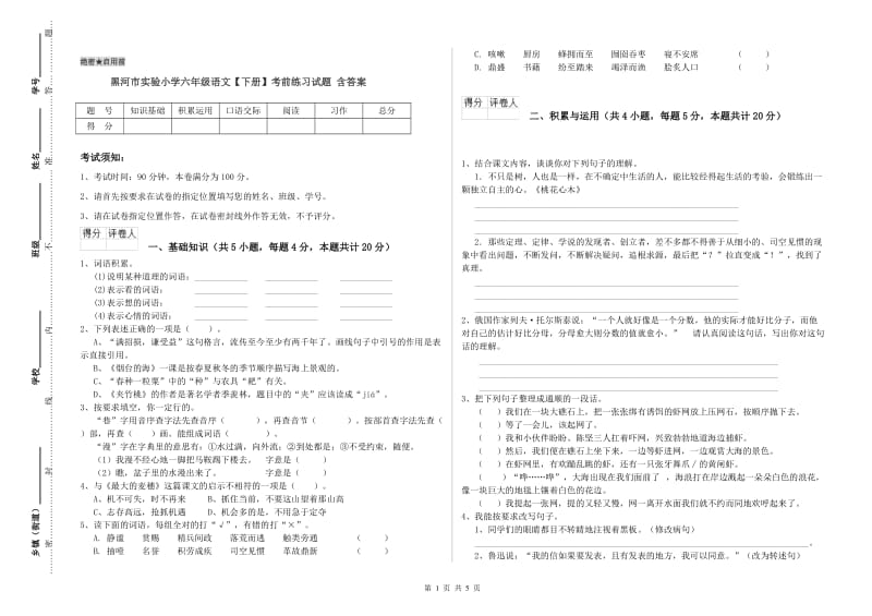 黑河市实验小学六年级语文【下册】考前练习试题 含答案.doc_第1页