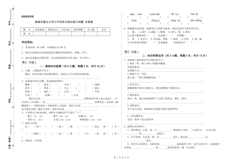 陇南市重点小学小升初语文综合练习试题 含答案.doc_第1页