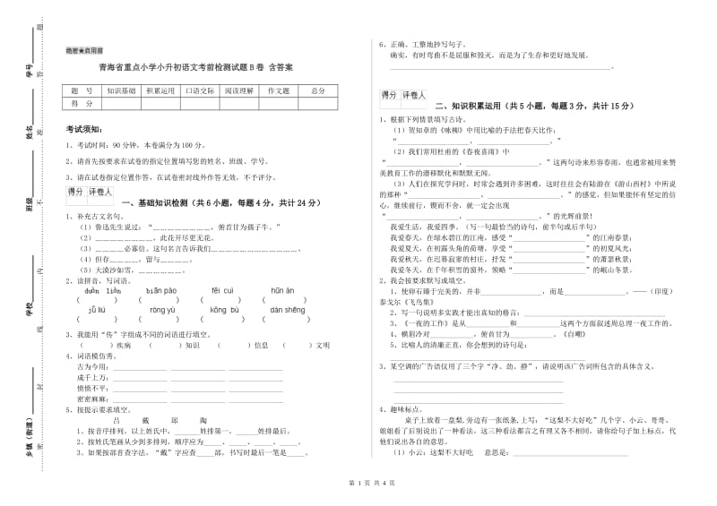 青海省重点小学小升初语文考前检测试题B卷 含答案.doc_第1页