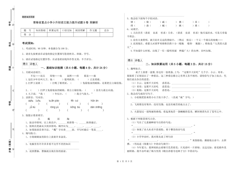 青海省重点小学小升初语文能力提升试题B卷 附解析.doc_第1页