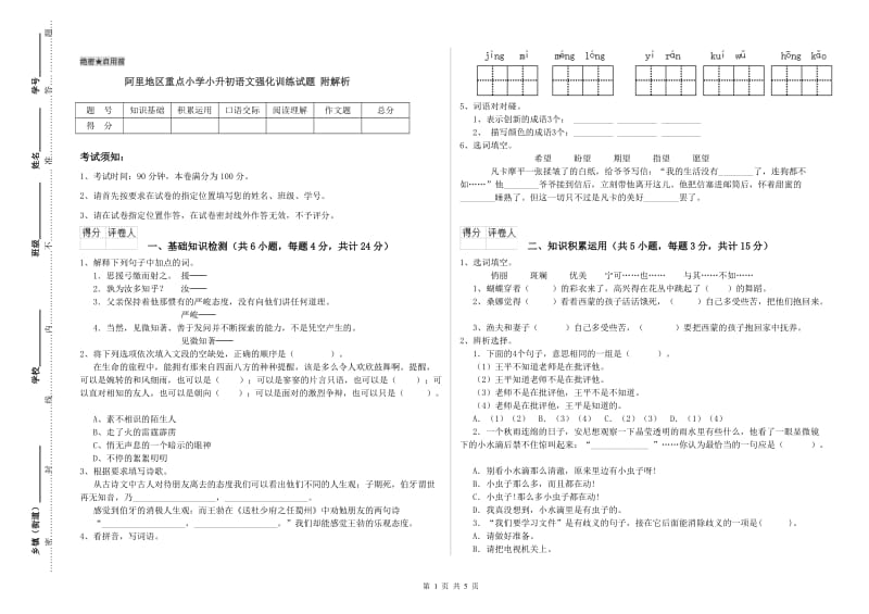 阿里地区重点小学小升初语文强化训练试题 附解析.doc_第1页