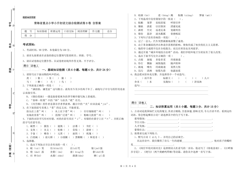 青海省重点小学小升初语文综合检测试卷B卷 含答案.doc_第1页
