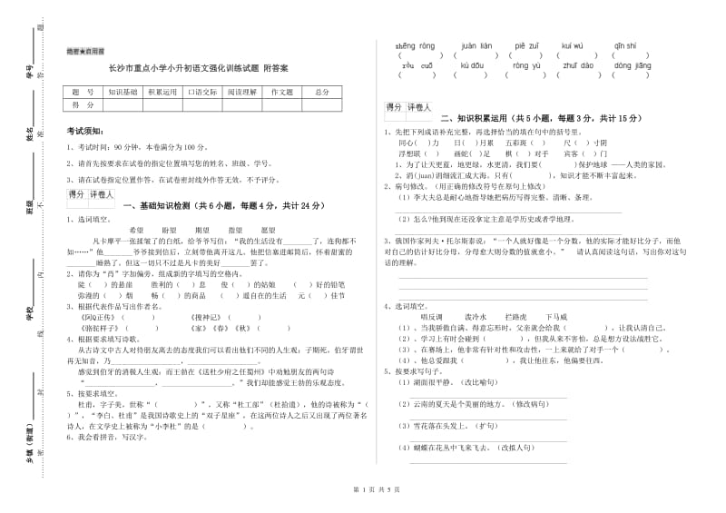 长沙市重点小学小升初语文强化训练试题 附答案.doc_第1页