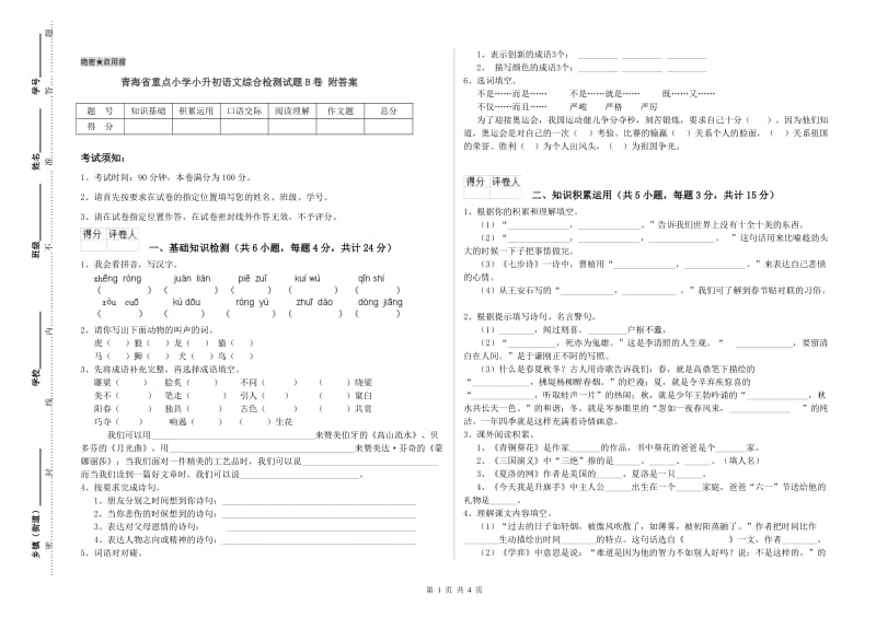 青海省重点小学小升初语文综合检测试题B卷 附答案.doc_第1页