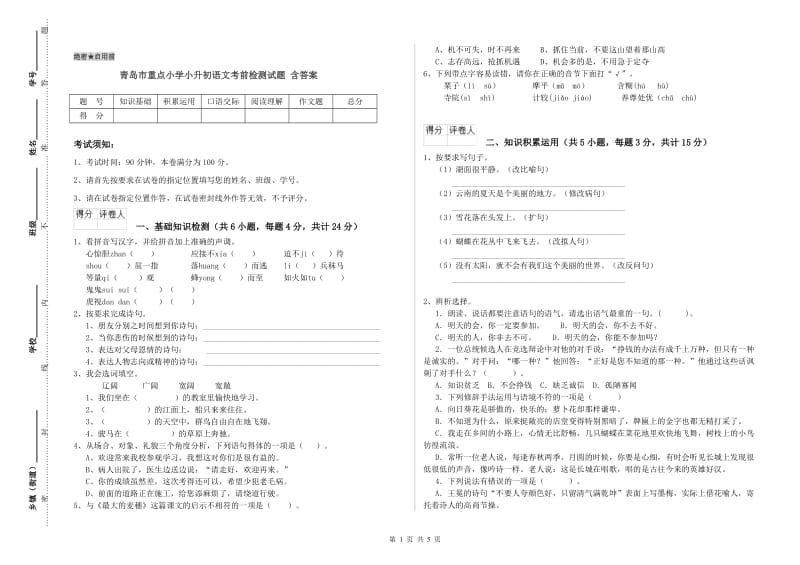 青岛市重点小学小升初语文考前检测试题 含答案.doc_第1页